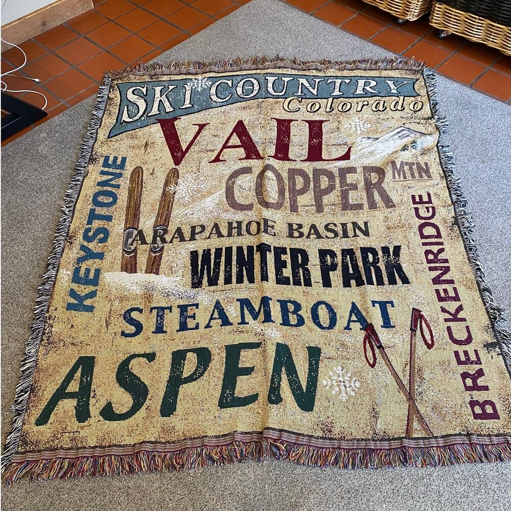 Colorado Ski CO Country Tapestry Throw Blanket EUC Vail Steamboat Aspen 60 x 50